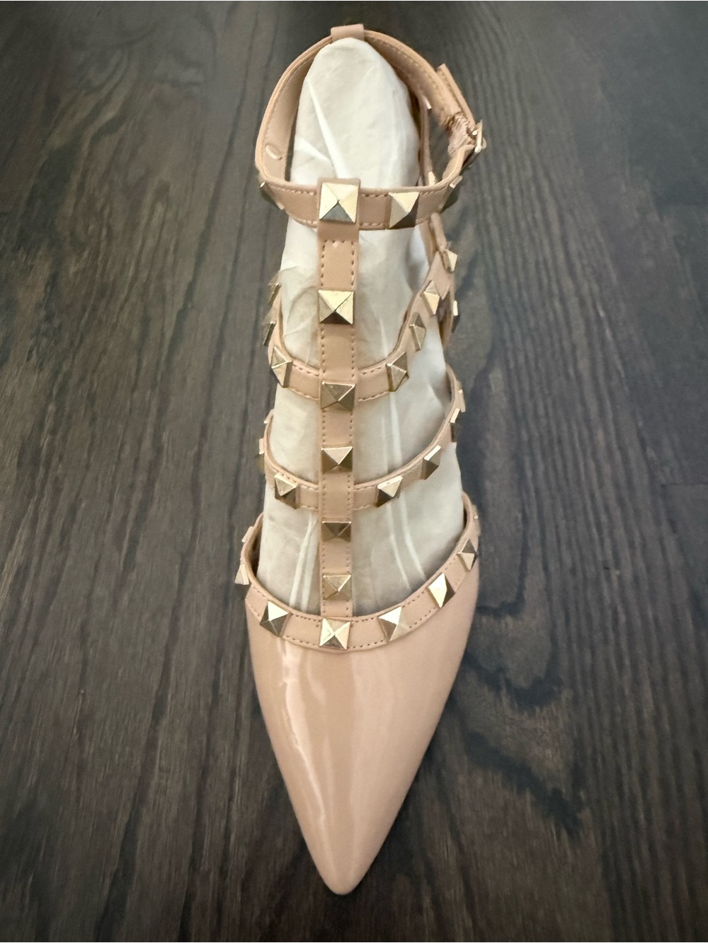 Mix No. 6 Blush Patent Pointed-Toe T-Strap Stud Heels